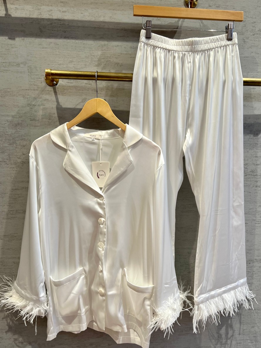 Clothing Plume | Feather Satin Pajamas In White