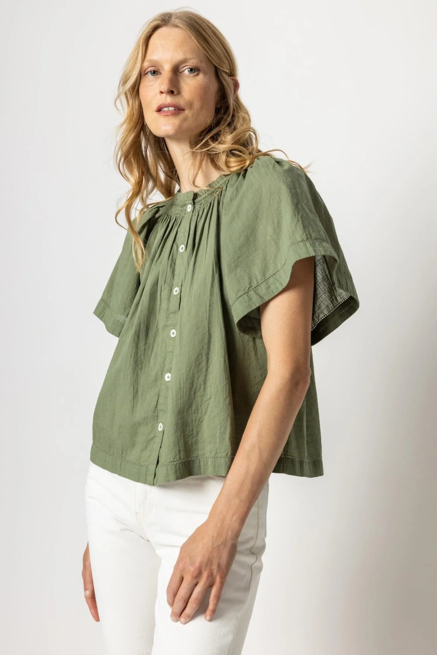 Clothing LILLA P | Flutter Sleeve Button Down Top In Olive *Final Sale*