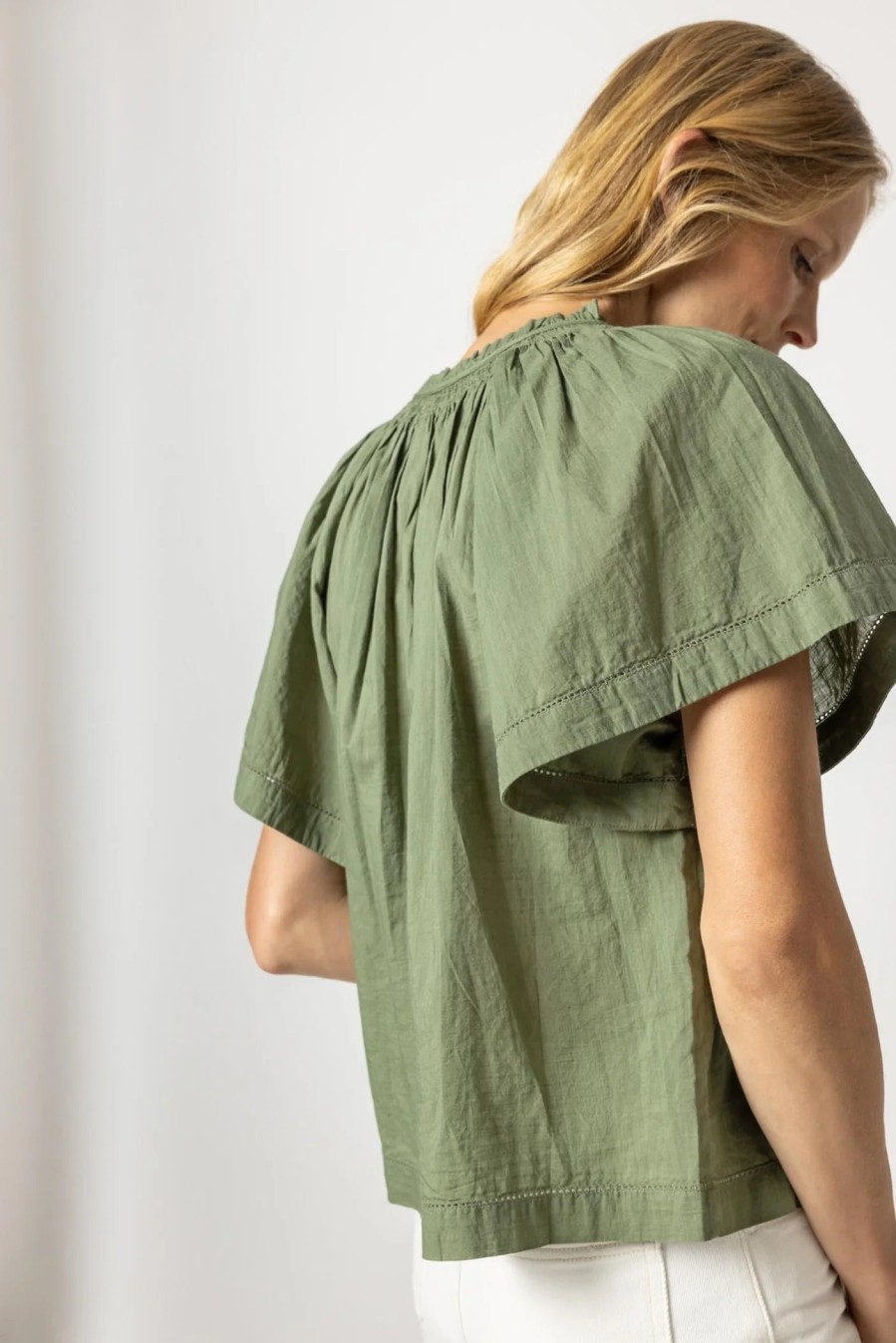 Clothing LILLA P | Flutter Sleeve Button Down Top In Olive *Final Sale*