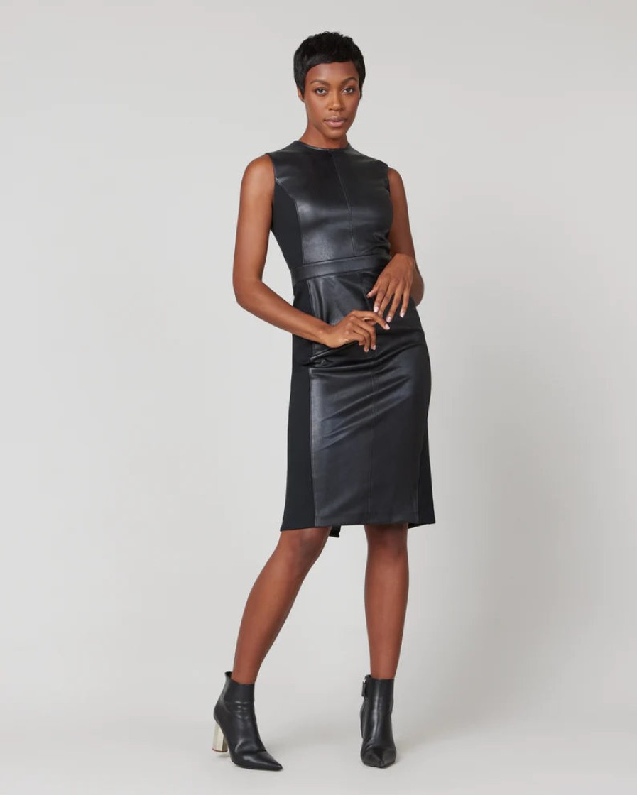 Clothing SPANX | Leather-Like Combo Fitted Dress In Luxe Black