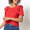 Clothing LILLA P | Ruffle Shoulder Crew Neck Tee In Red