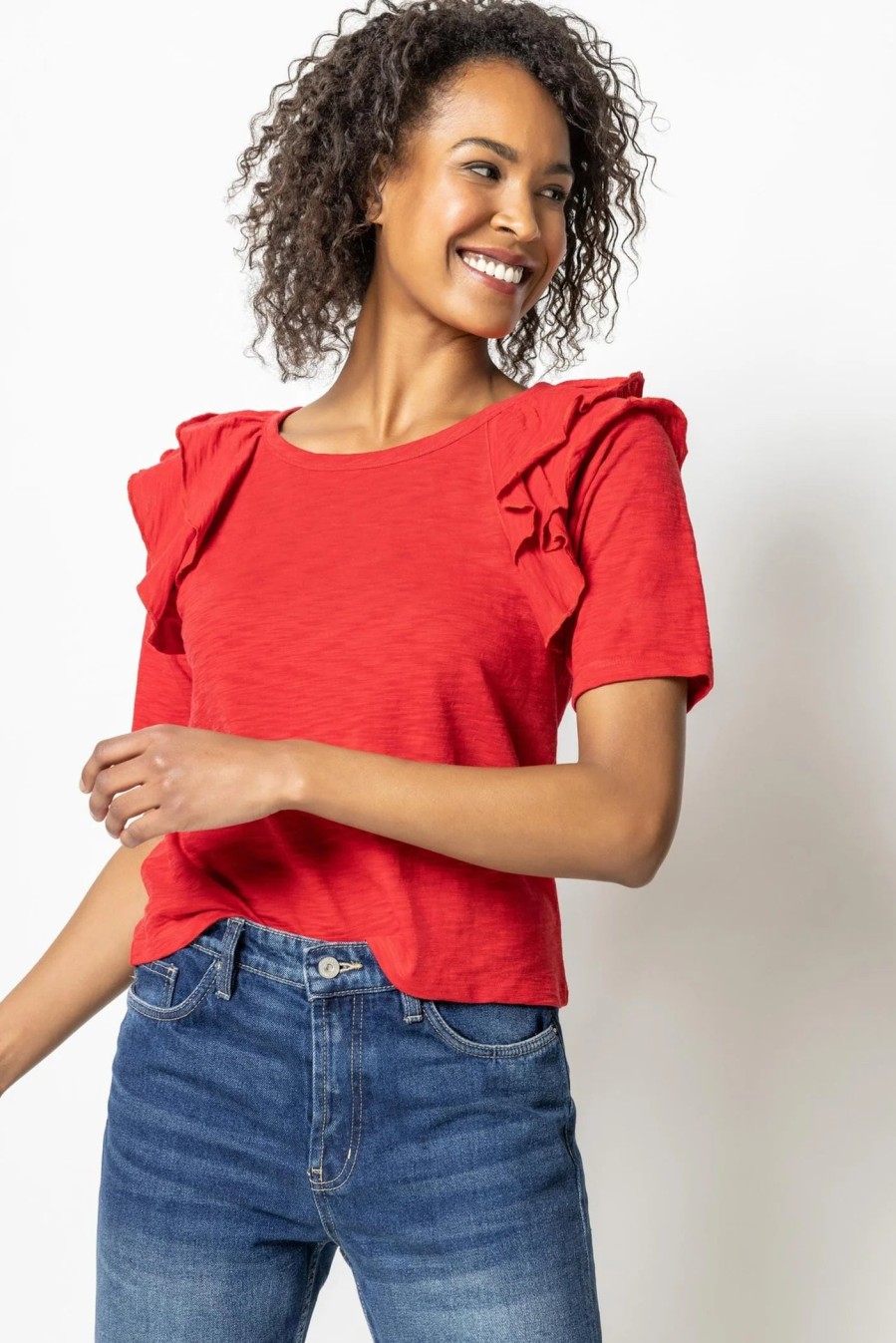 Clothing LILLA P | Ruffle Shoulder Crew Neck Tee In Red