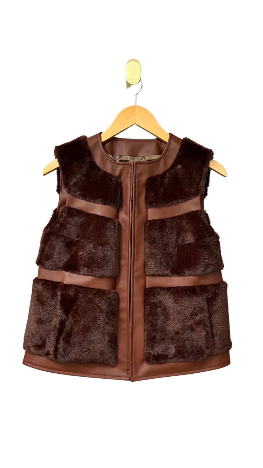 Clothing GLAMOURPUSS | Vegan Leather Trim Fur Vest In Chocolate