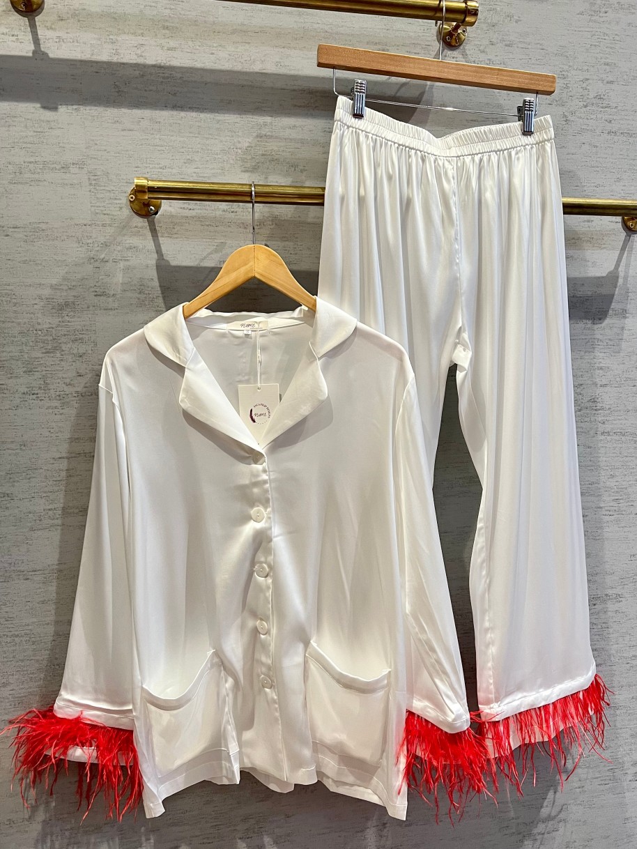 Clothing Plume | Feather Satin Pajamas In White/Red