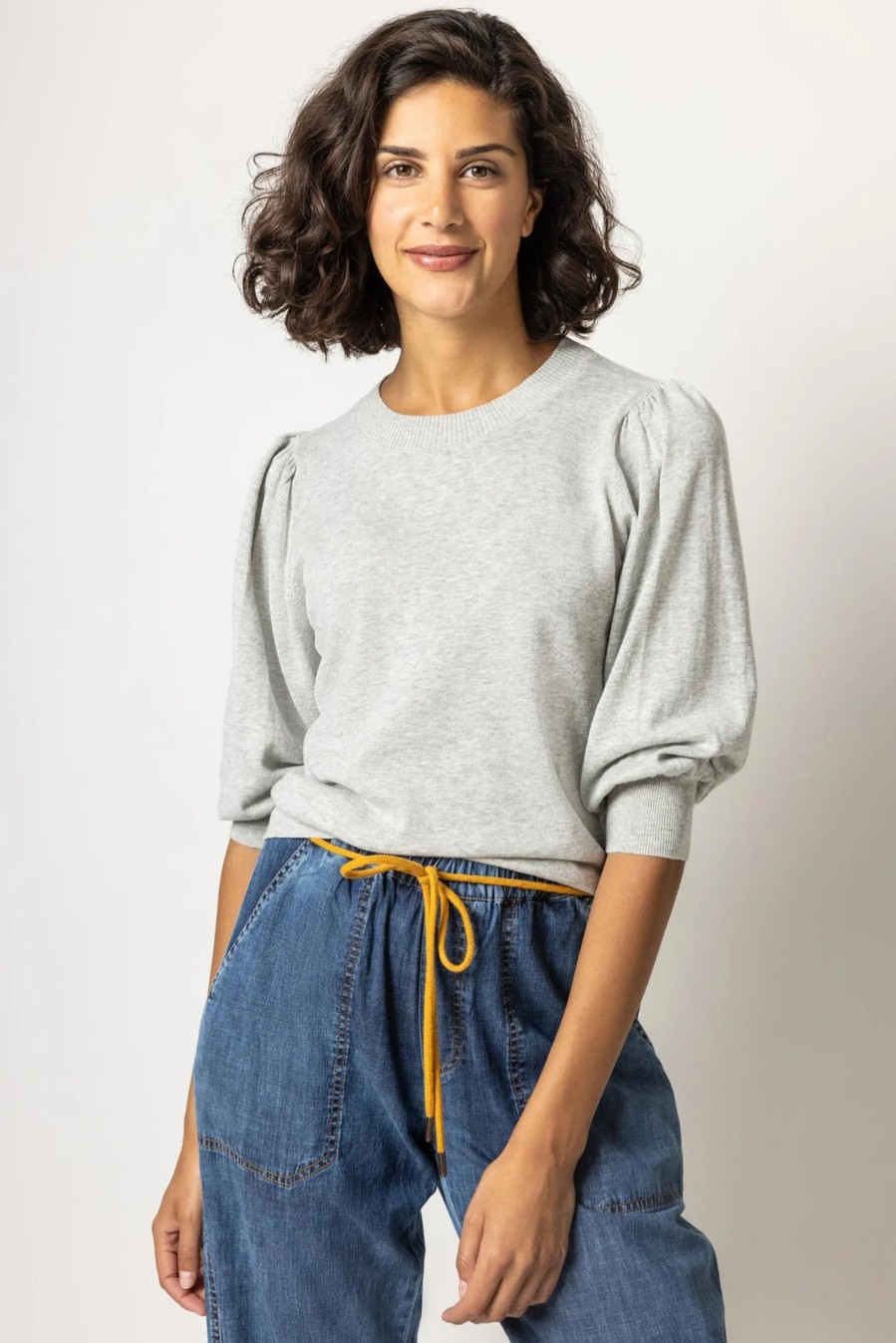 Clothing LILLA P | Puff Sleeve Crew Neck Sweater In Grey