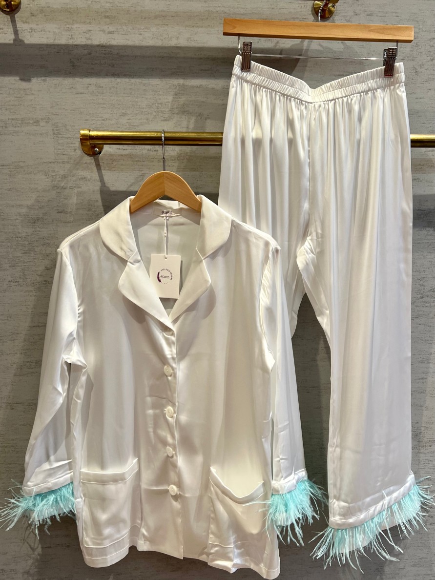 Clothing Plume | Feather Satin Pajamas In White/Blue