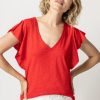 Clothing LILLA P | Flutter Sleeve V Neck Tee In Tomato *Final Sale*