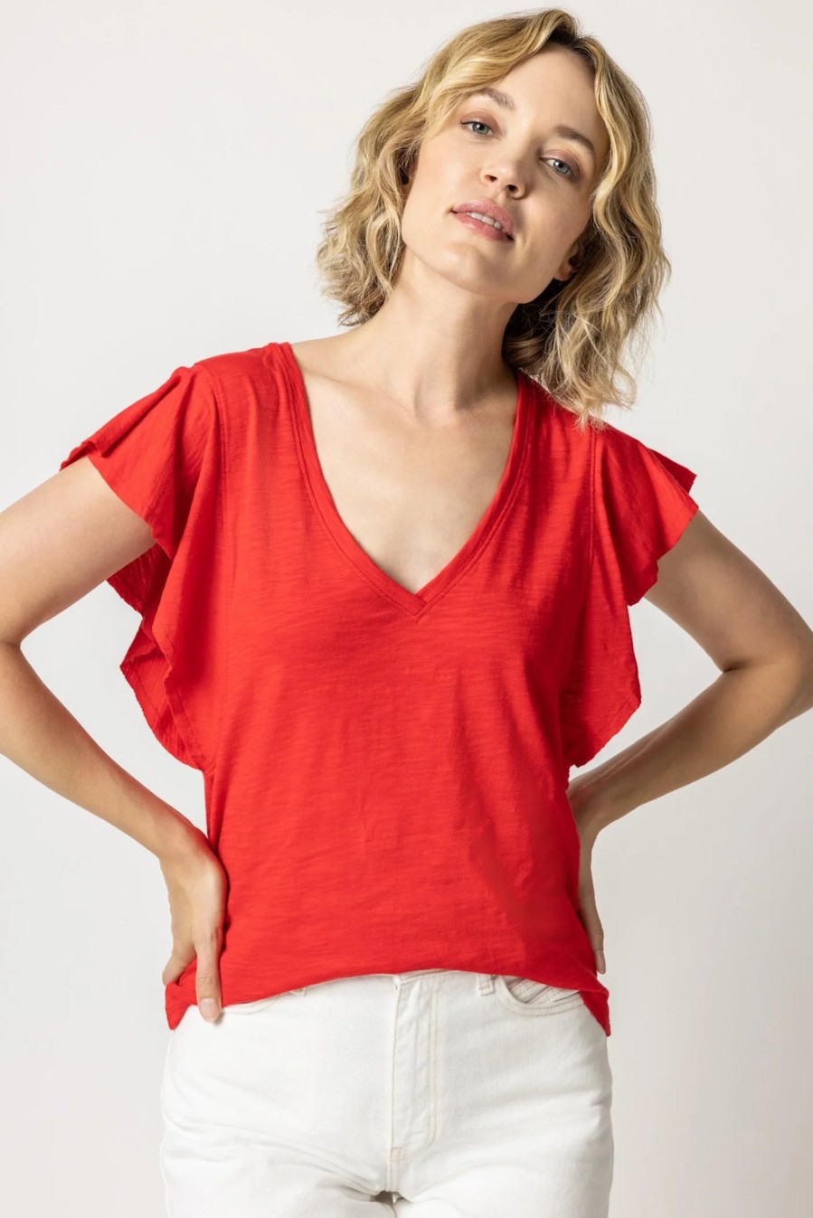 Clothing LILLA P | Flutter Sleeve V Neck Tee In Tomato *Final Sale*