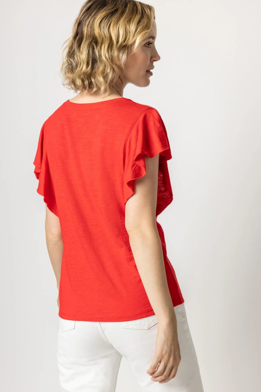 Clothing LILLA P | Flutter Sleeve V Neck Tee In Tomato *Final Sale*