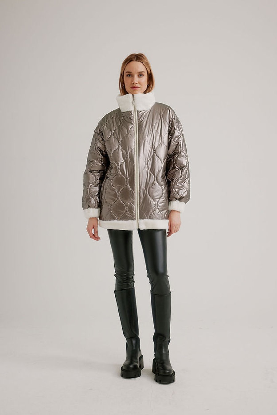 Clothing NIKKI JONES | Reversible Faux Fur Lined Jacket In Pewter Vanilla