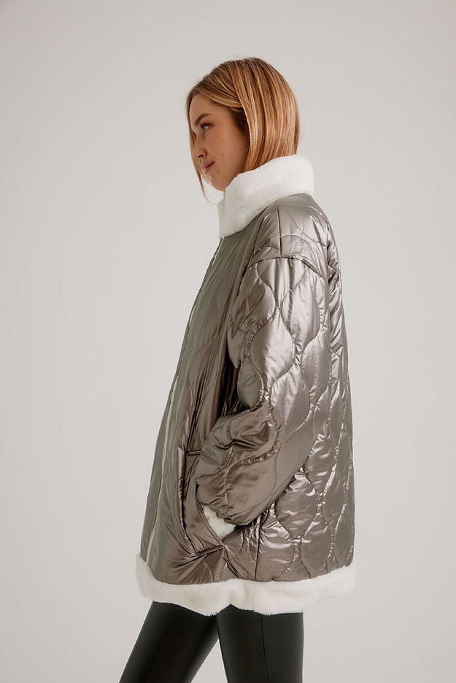 Clothing NIKKI JONES | Reversible Faux Fur Lined Jacket In Pewter Vanilla