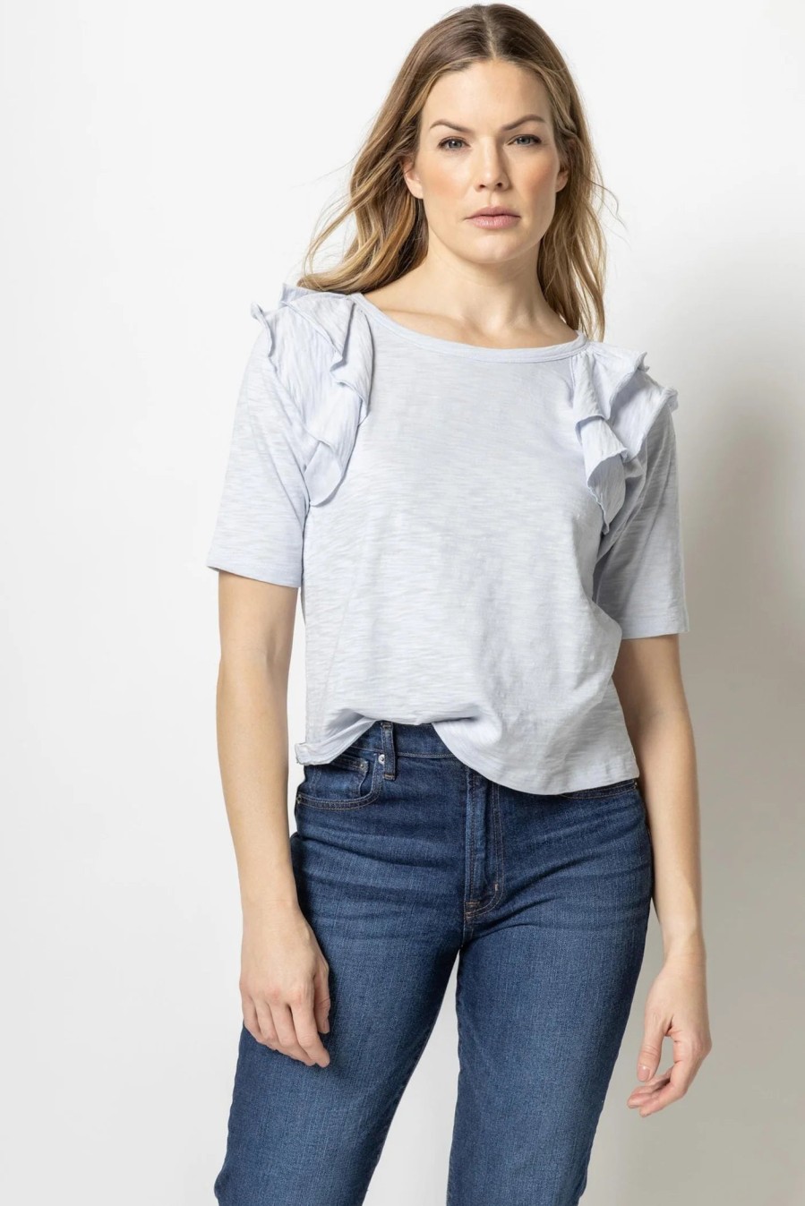 Clothing LILLA P | Ruffle Shoulder Crew Neck Tee In Light Blue *Final Sale*