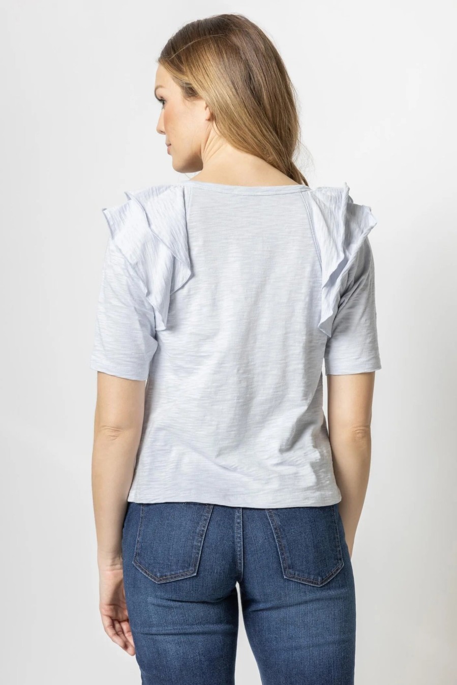 Clothing LILLA P | Ruffle Shoulder Crew Neck Tee In Light Blue *Final Sale*