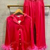 Clothing Plume | Feather Satin Pajamas In Hot Pink