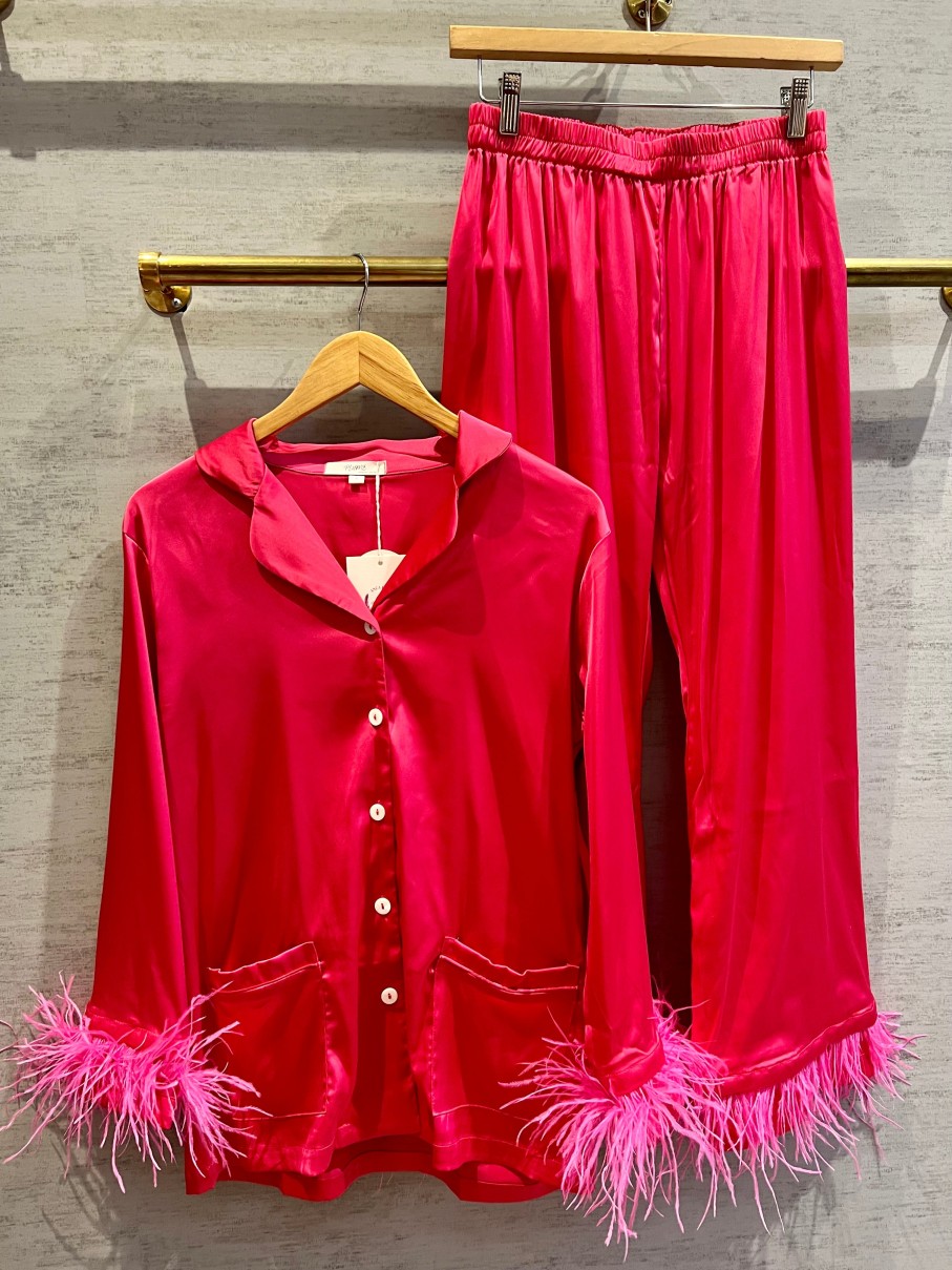 Clothing Plume | Feather Satin Pajamas In Hot Pink