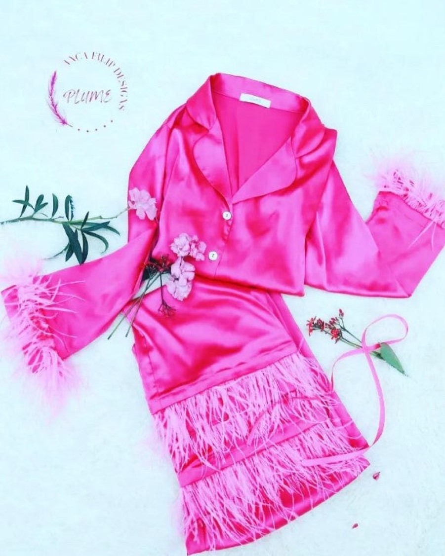 Clothing Plume | Feather Satin Pajamas In Hot Pink