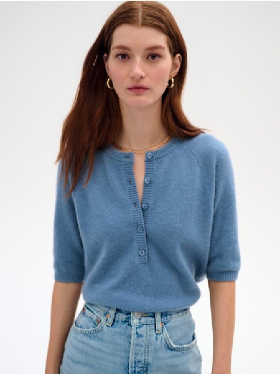 Clothing WHITE AND WARREN | Cashmere Henley Sweater In Blue Thistle