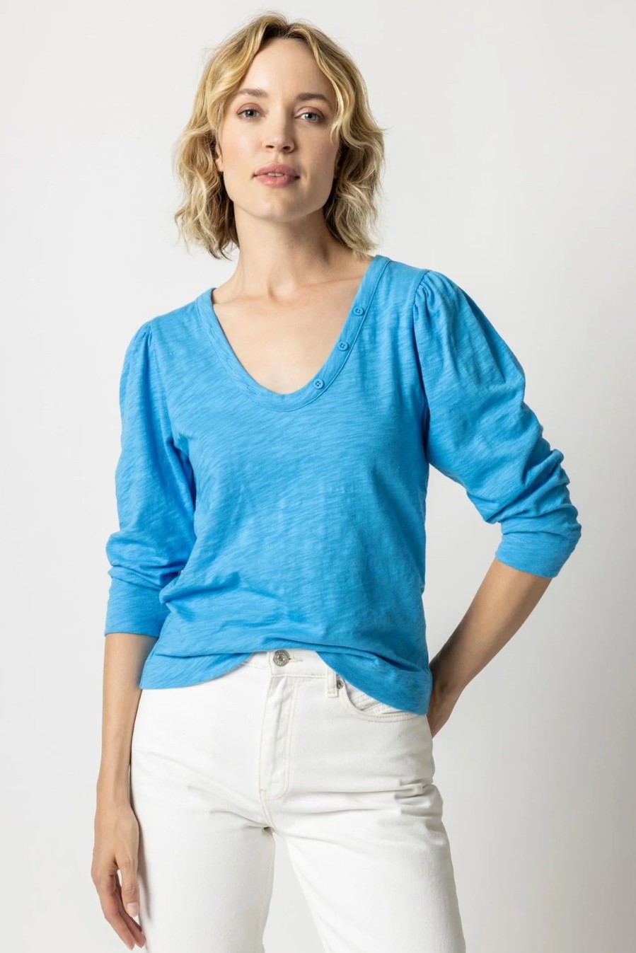 Clothing LILLA P | 3/4 Sleeve Button U-Neck Tee In Dutch *Final Sale*