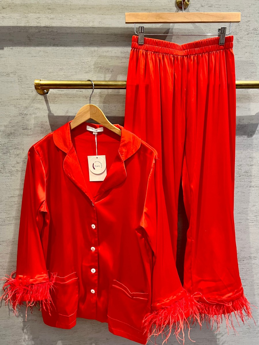 Clothing Plume | Feather Satin Pajamas In Red