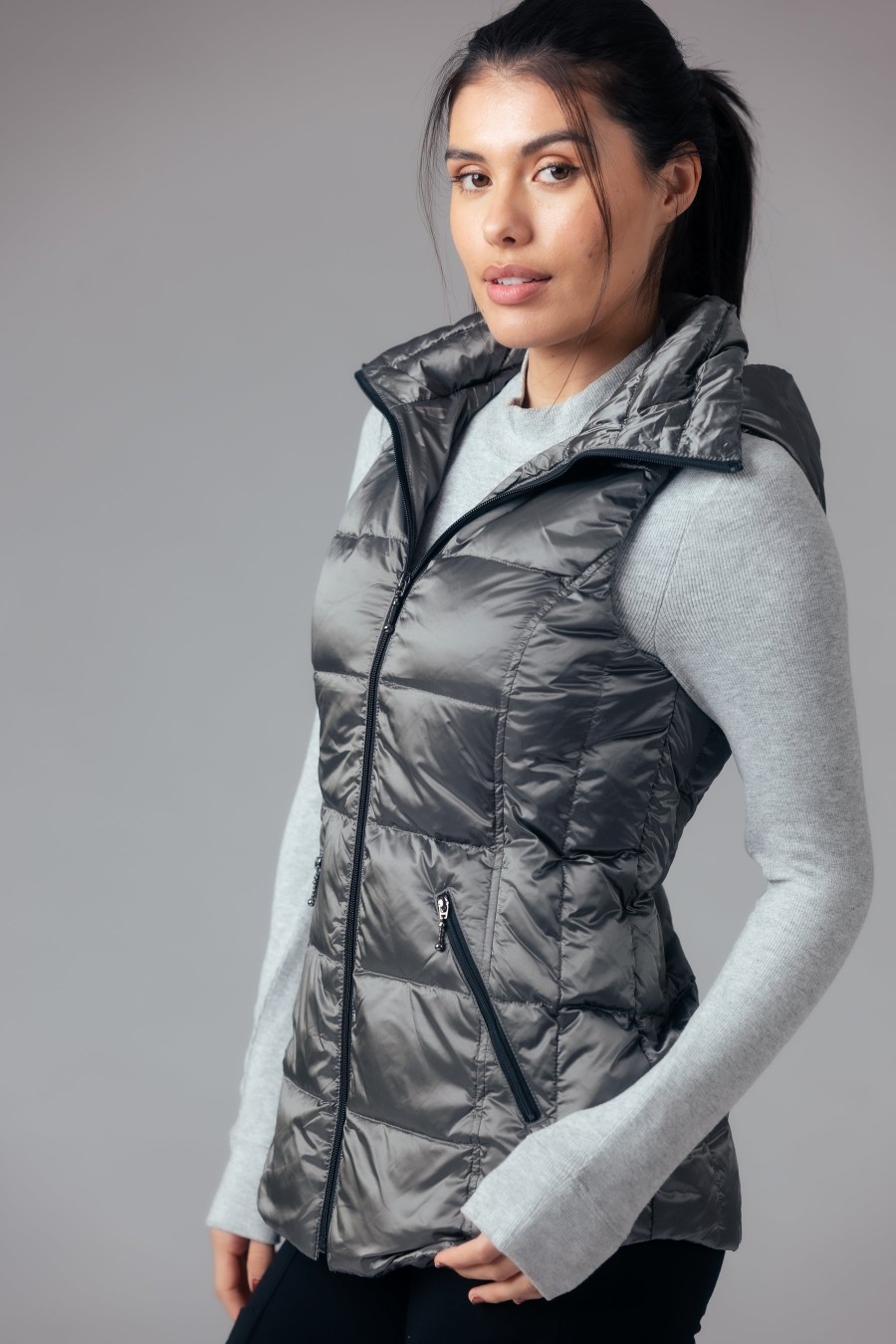 Clothing ANORAK | Short Metallic Hooded Down Vest In Sterling Grey