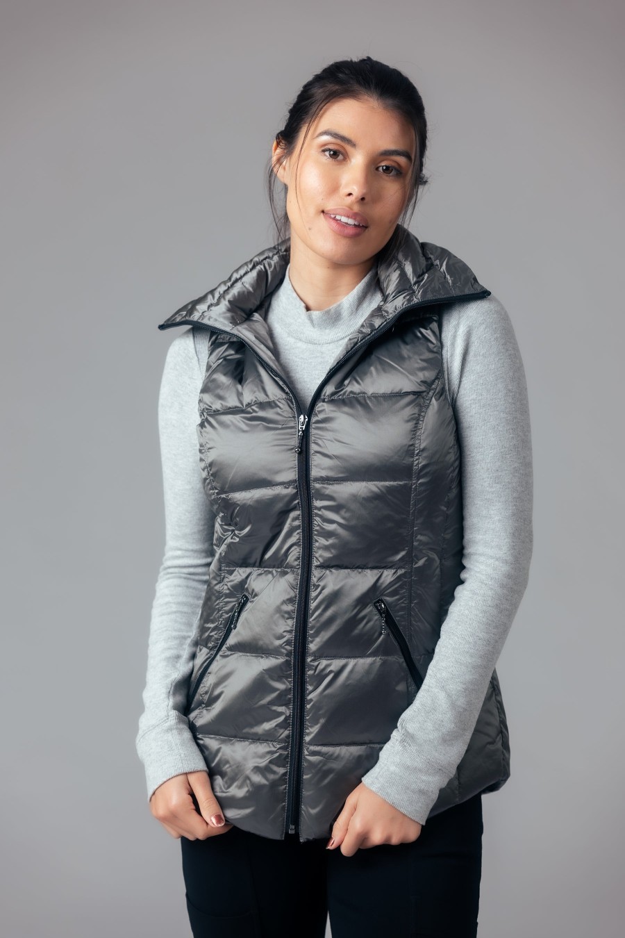 Clothing ANORAK | Short Metallic Hooded Down Vest In Sterling Grey