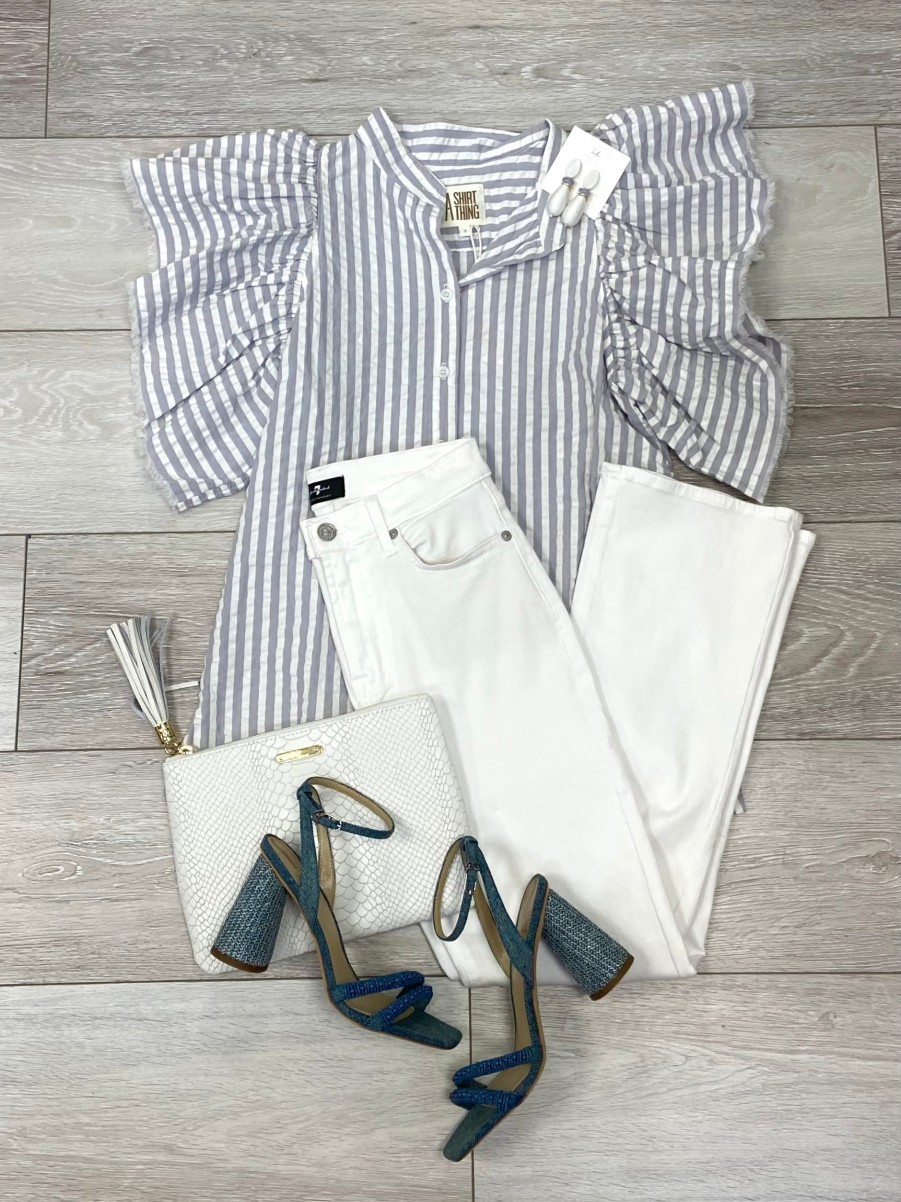 Clothing A SHIRT THING | Ava Stripe Blouse In Steel/White *Final Sale*