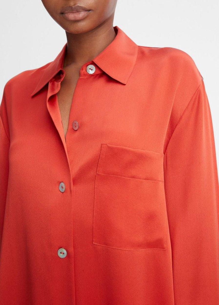 Clothing VINCE | Silk Relaxed Chest-Pocket Blouse In Vermillion