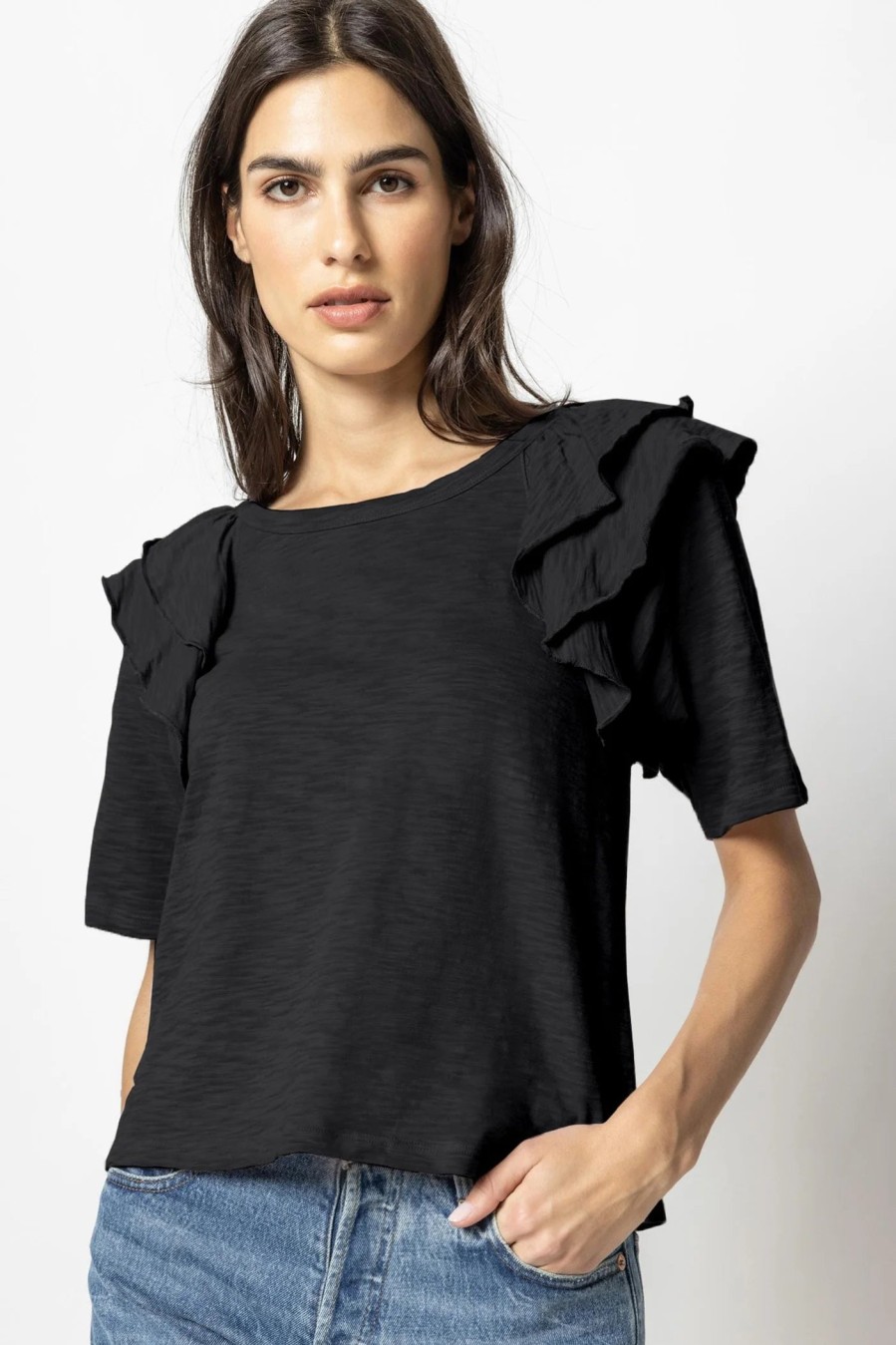 Clothing LILLA P | Ruffle Shoulder Crew Neck Tee In Black