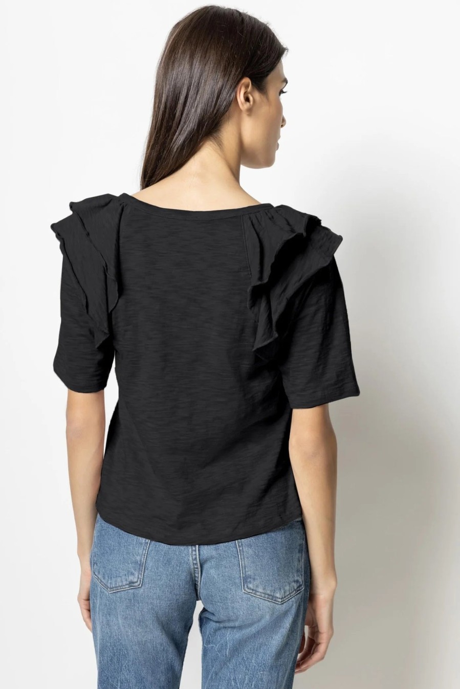 Clothing LILLA P | Ruffle Shoulder Crew Neck Tee In Black