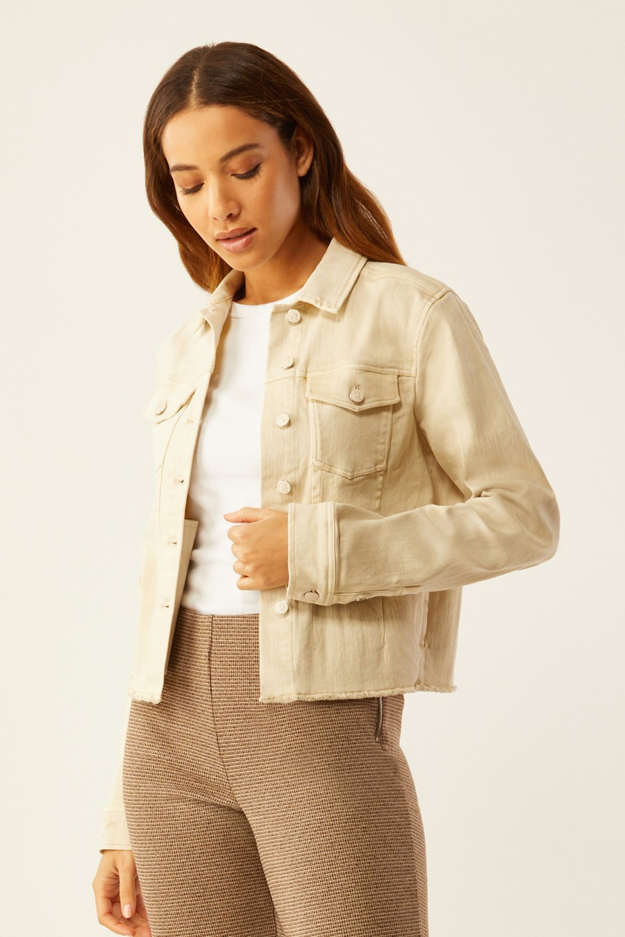 Clothing ECRU | Jean Jacket With Fray Hem In Sandstone