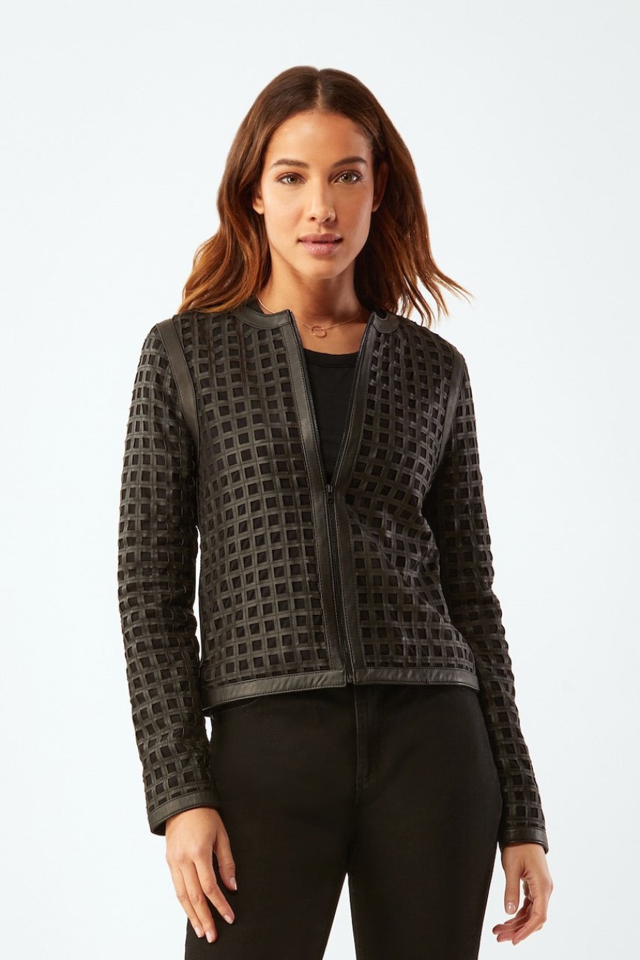 Clothing ECRU | Bonded Grid Leather Zip Jacket In Black