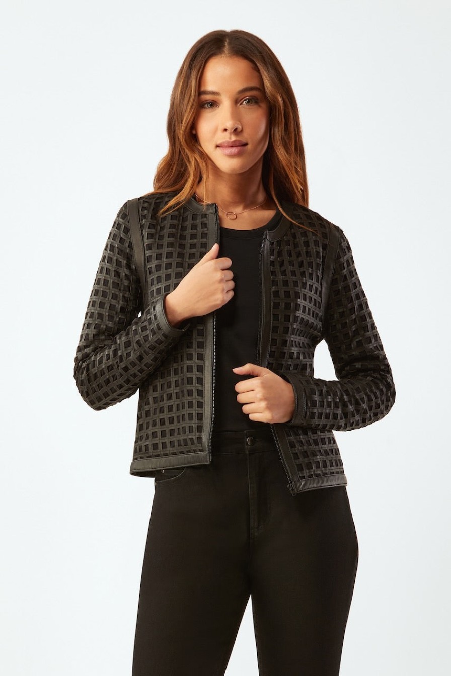 Clothing ECRU | Bonded Grid Leather Zip Jacket In Black