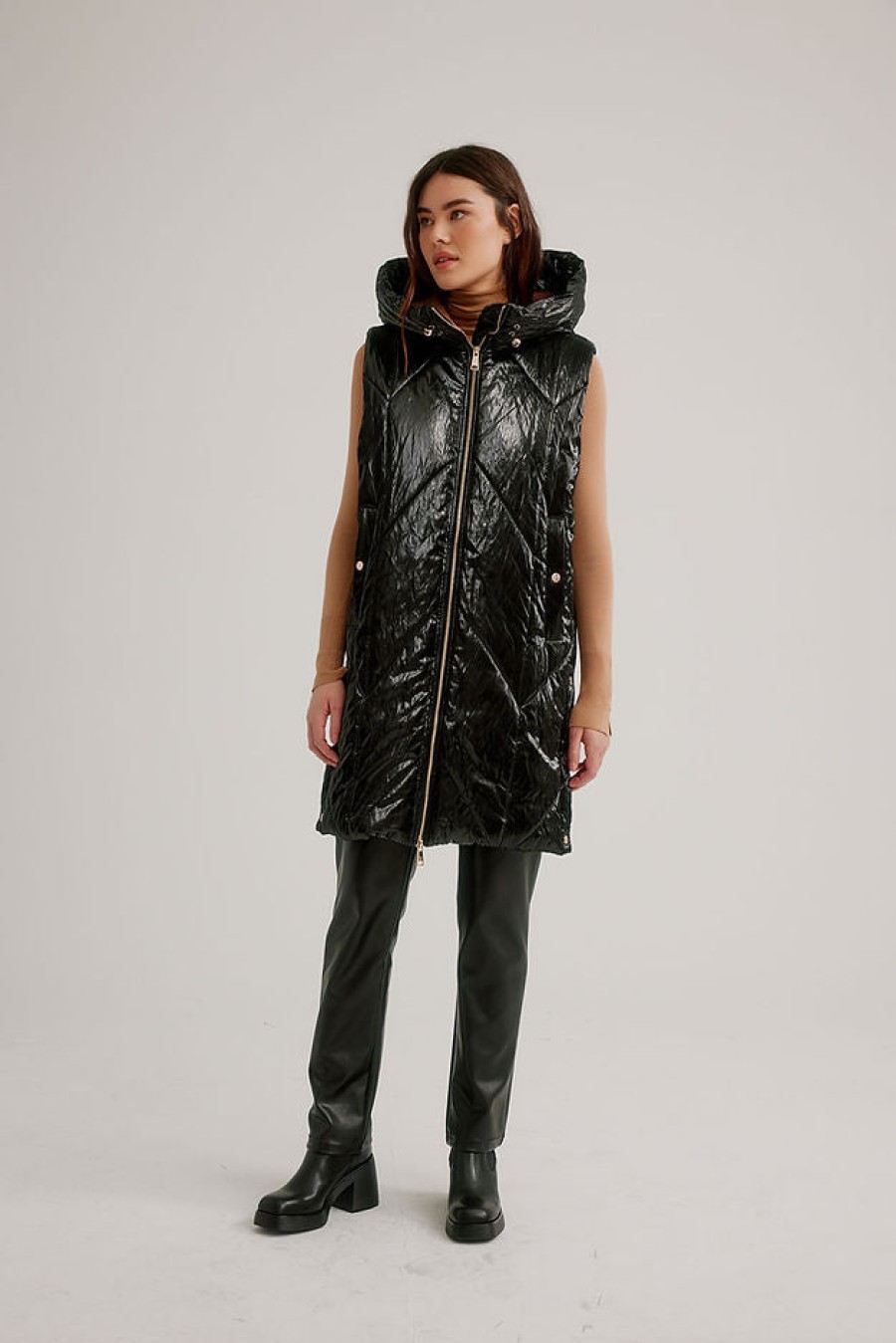 Clothing NIKKI JONES | Quilted Shiny Long Hooded Vest In Black