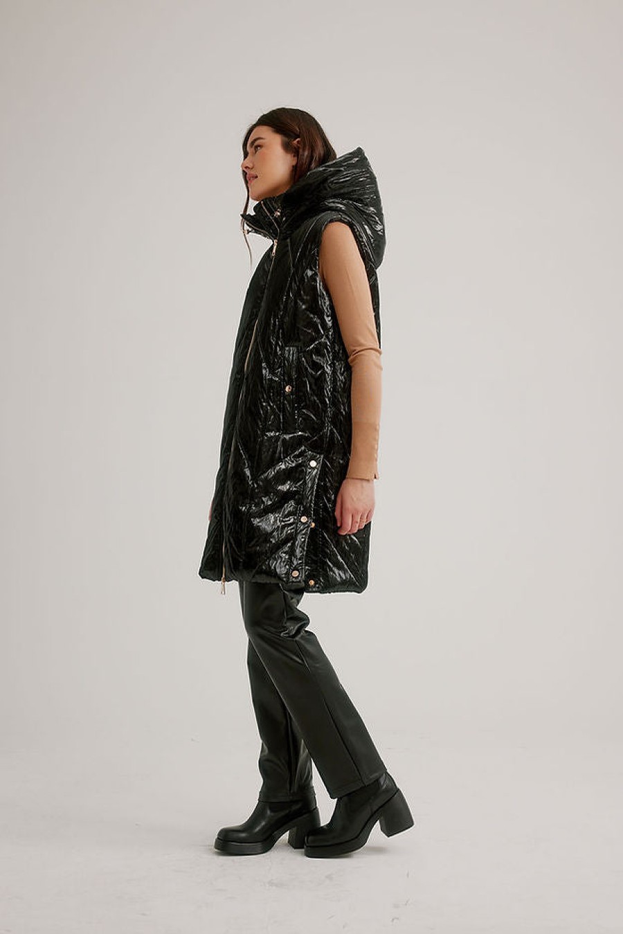 Clothing NIKKI JONES | Quilted Shiny Long Hooded Vest In Black