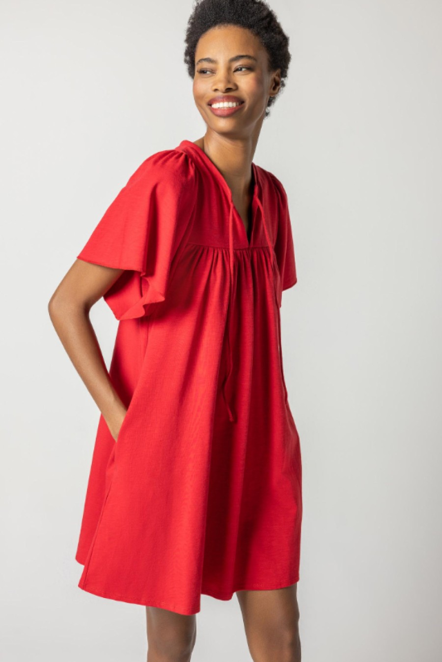 Clothing LILLA P | Flutter Sleeve Split Neck Dress In Ruby *Final Sale*