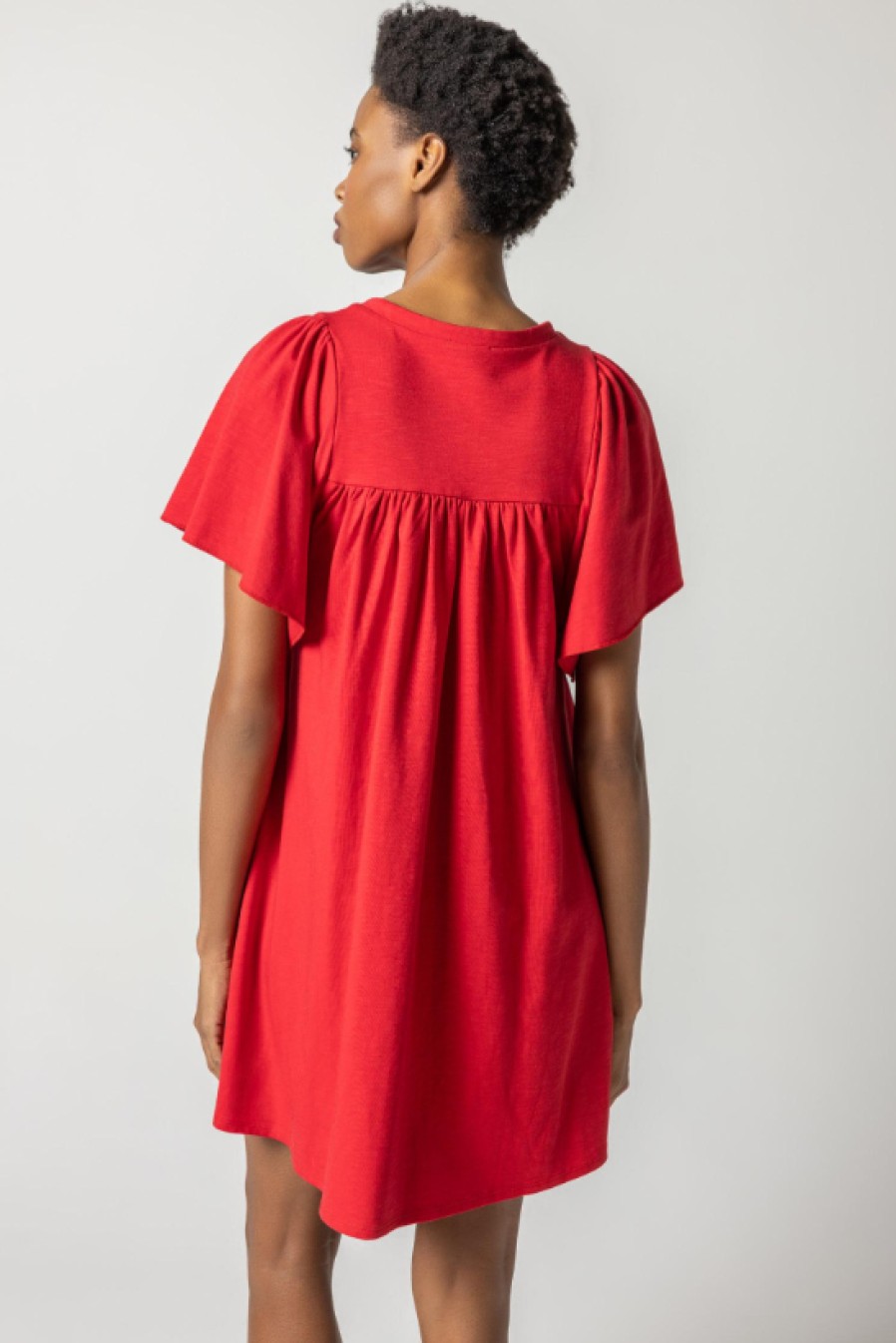 Clothing LILLA P | Flutter Sleeve Split Neck Dress In Ruby *Final Sale*