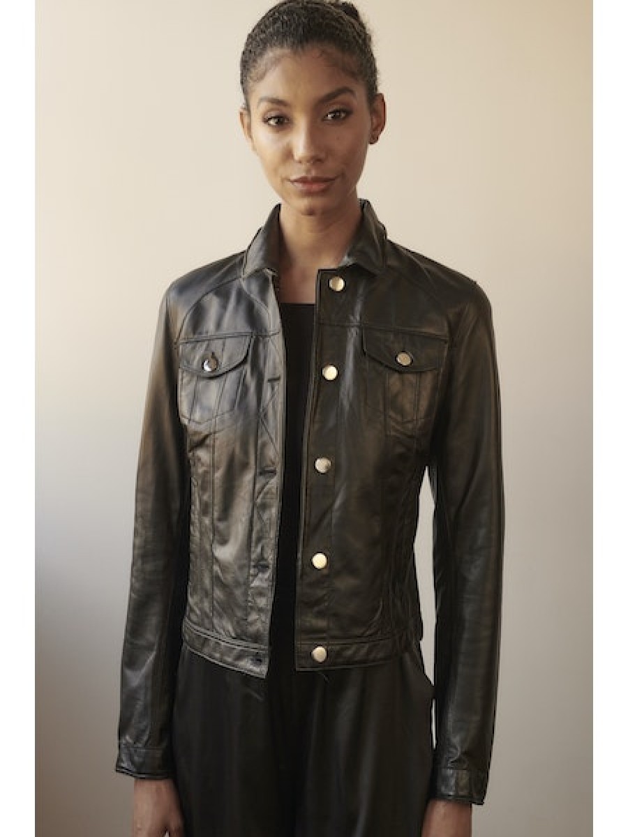 Clothing JAKETT | Alexa Burnished Leather Jacket In Chocolate/Brass