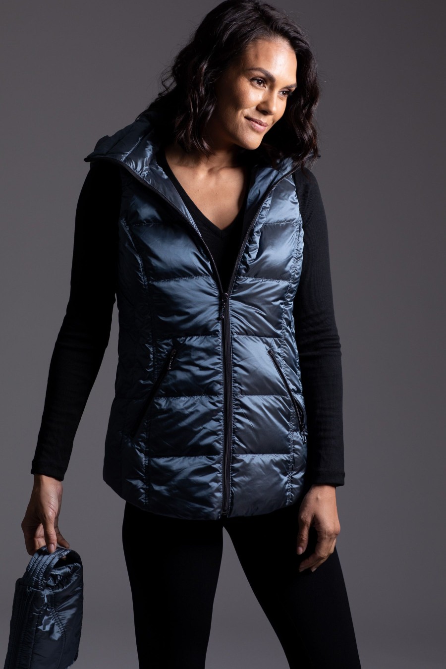 Clothing ANORAK | Short Metallic Hooded Down Vest In China Blue