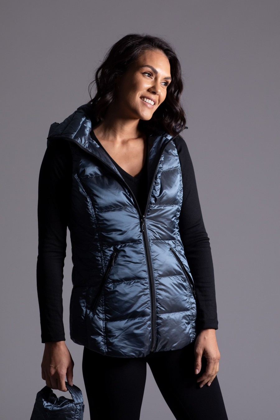 Clothing ANORAK | Short Metallic Hooded Down Vest In China Blue