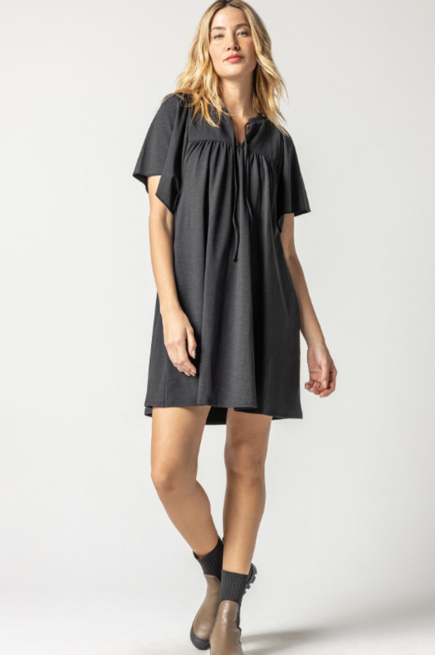 Clothing LILLA P | Flutter Sleeve Split Neck Dress In Black *Final Sale*