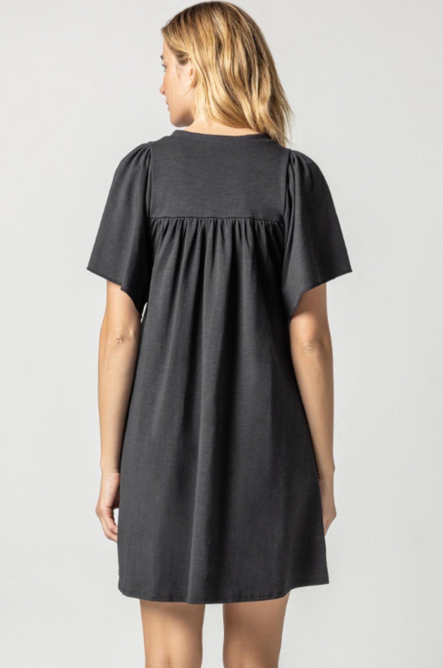 Clothing LILLA P | Flutter Sleeve Split Neck Dress In Black *Final Sale*